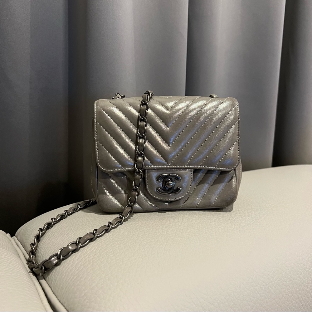Chanel iridescent calfskin chevron quilted mini square flap silver